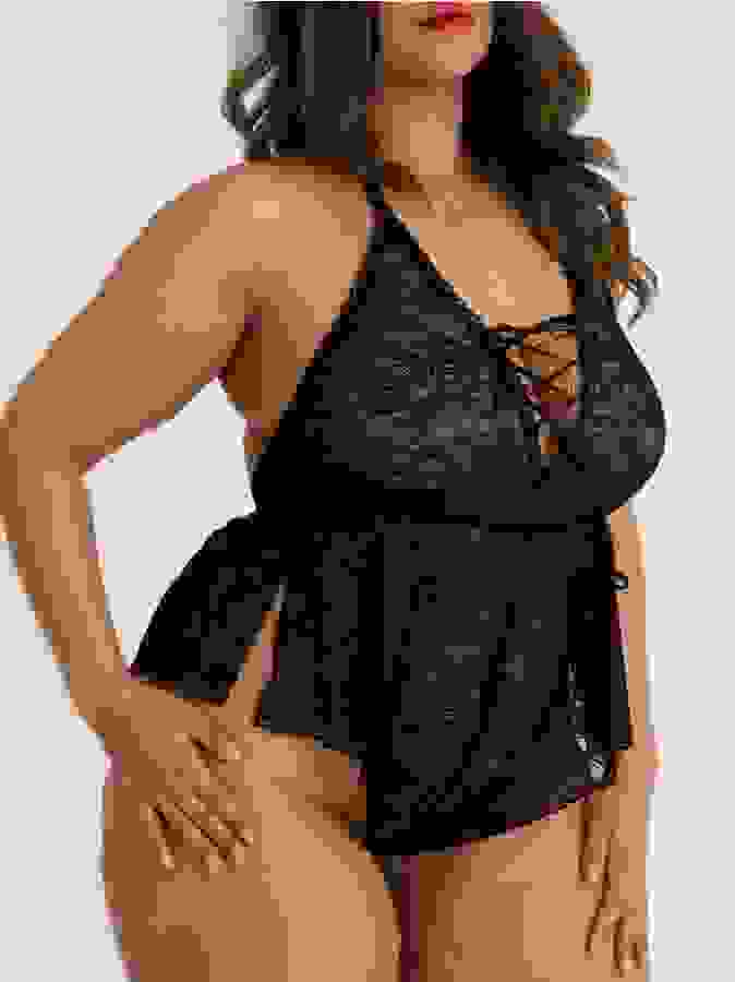 Lovehoney Plus Size Flirty Lace Black Teddy, Black, hi-res